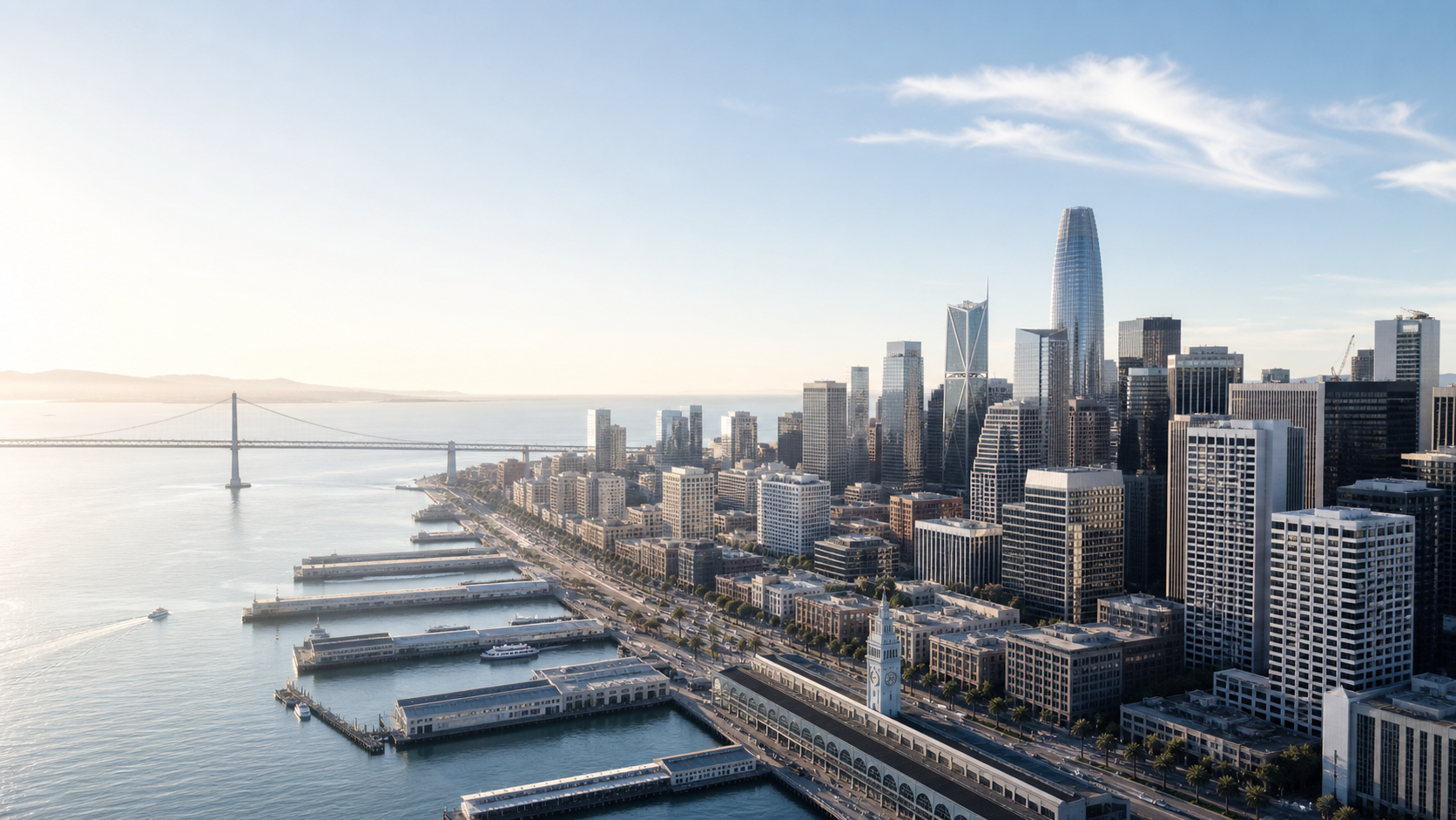 AI rendering of the San Francisco Financial District skyline and Embarcadero pier at dusk